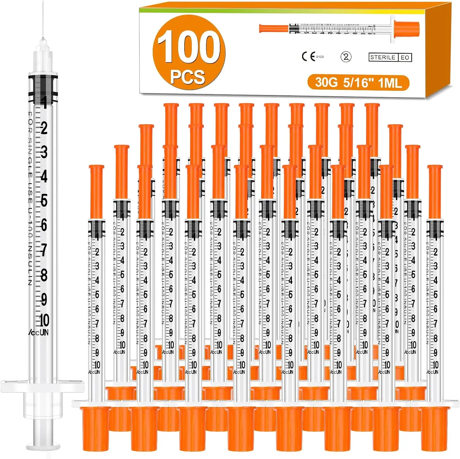 New 100 Pack 1ml Syringes with Needle-30Ga 5/16 Inch, Individually Sealed Packaging