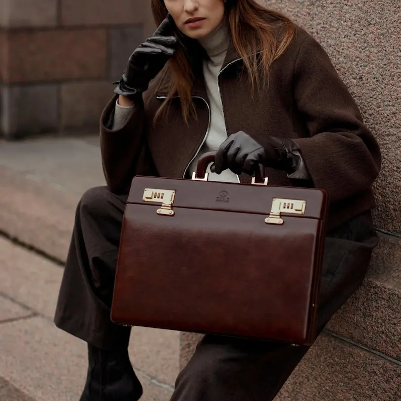 Brown Leather Attache Case, Hard-sided Briefcase, Code Lock Briefcase for Men, Doctors Briefcase, 15 inch, Hard Shell Briefcase, CEO Gift