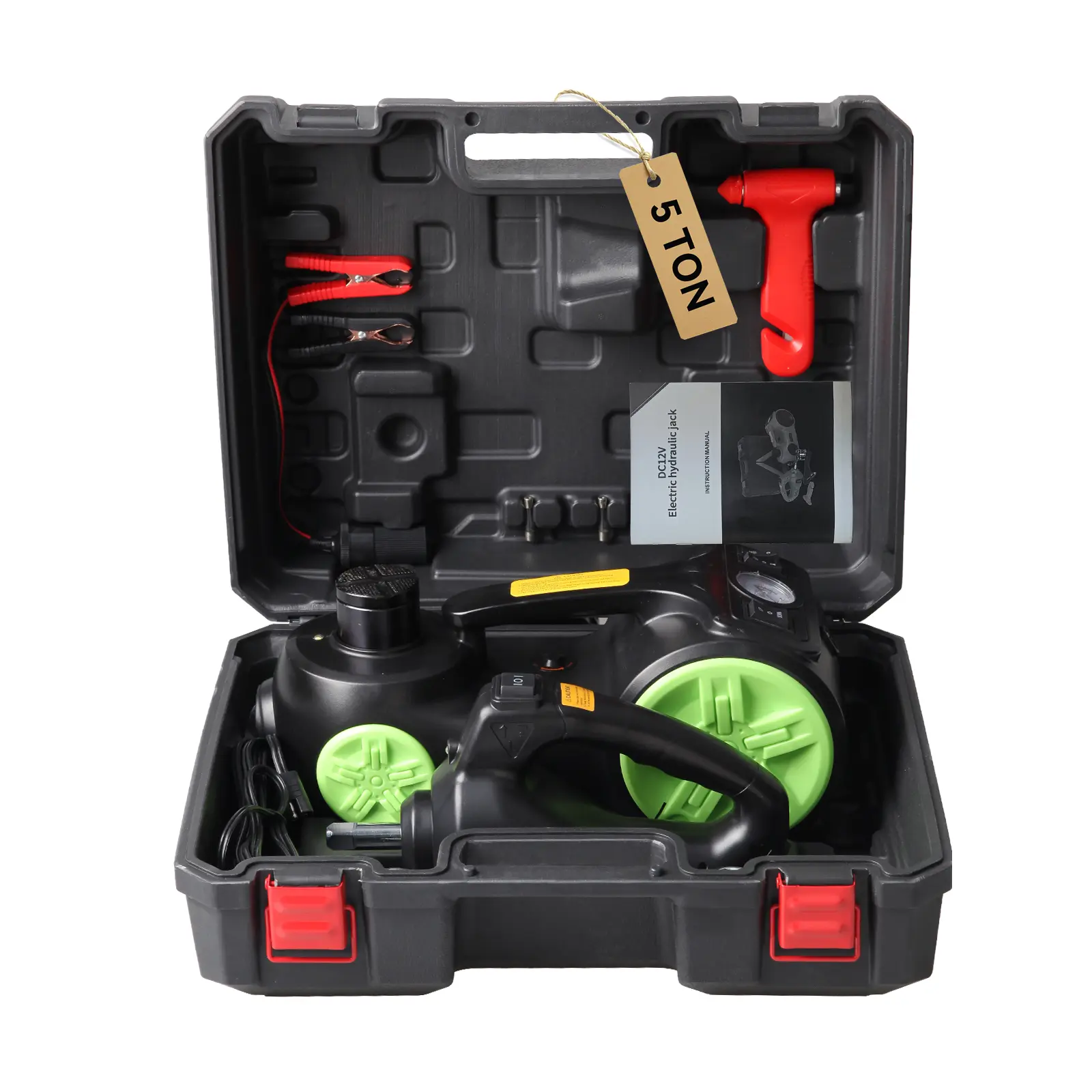 Latest Model Black-Green 5 Ton Hydraulic Electric Car Jack, Wheeled Base Design with LED Light & Integrated Air Compressor, All-in-One Toolbox Set for Vehicle Tire Changing & Emergency Tire Inflation