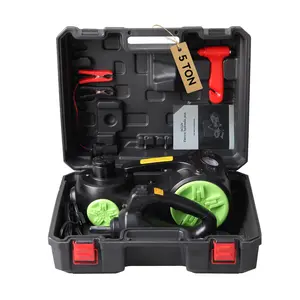 Latest Model Black-Green 5-Ton Hydraulic Electric Jack, Wheel-Style Design with LED Light & Air Compressor, Toolbox Set – Suitable for Tire Changing & Tire Inflation