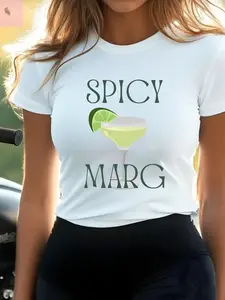 Women's Spicy Margarita Print Round Neck Tee, Casual Short Sleeve Crew Neck T-Shirt for Summer, Fashion Women's Top for Daily Wear