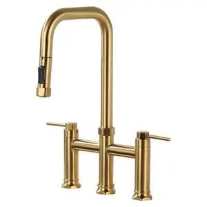 WOWOW Brass Double Handle Deck Mounted Bridge Kitchen Faucet with Pull-Down Spray Head in Brushed Gold
