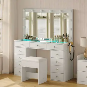 Vanity Desk with Illuminated Mirror & Power Outlet,Vanity with 11 Drawers and 12 LED Lights,Vanity Table with Chair,Set 3 Lighting Modes Brightness Adjustable