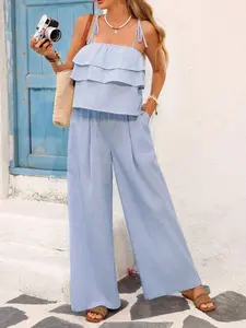 Women's Striped Layered Ruffle Halter Top & High Waist Belted Pants Set, Casual Summer Two-Piece, Blue Vacation Style