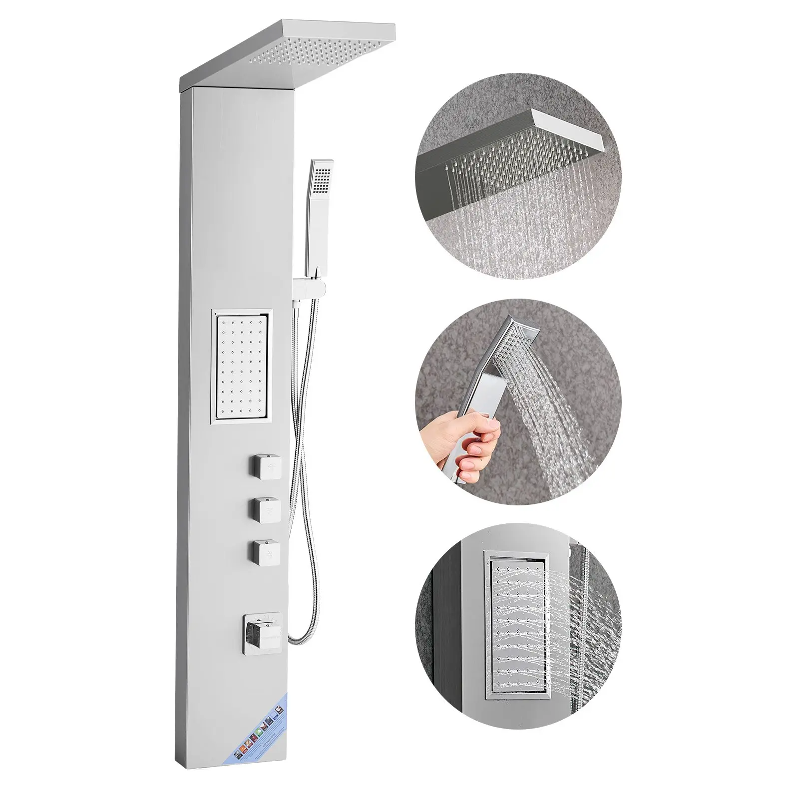 【Summerfinds】VEOVR 5017fl Copper Wall-Mount High-Pressure Multi-Function Shower System Set, 53 in Brushed Stainless Steel Tower, 3-Function Faucet, Rain Shower Top Spray, Large Body Power Spray, Handheld
