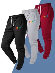 Men's 3-piece set of sports casual ribbed joggers with printed patterns, regular fit, casual sporty style, solid color basic casual pants, featuring an elastic waistband, drawstring, and pockets, perfect for outdoor activities, commuting, streetwear, suit