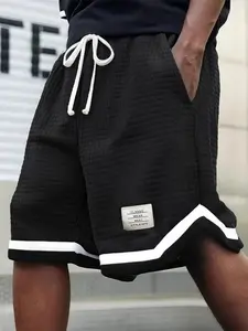 Men's Colorblock Striped Print Waffle Knit Polyester Casual Athletic Waffle Textured Shorts, Drawstring and Multiple Pockets, Breathable Summer Outdoor Wear