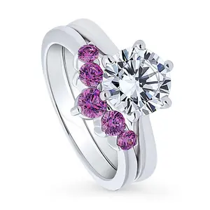 BERRICLE Sterling Silver Solitaire 5-Stone Wishbone Engagement Rings Statement Stackable Band for Women, 2 Carat Round Cut Cubic Zirconia CZ Ring Set