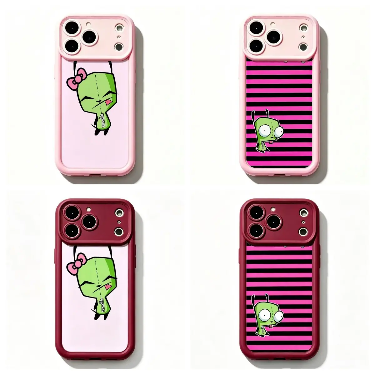 2 Styles Y2K Invad3r Zim Gir Cartoon Phone Case for iPhone 17 16 15 14 13 12 11 Air Pro Max Cute Alien Character Pink Black Striped Shockproof Soft TPU Slim Protective Cover Gift for Girls Boys Teens and Cartoon Fans