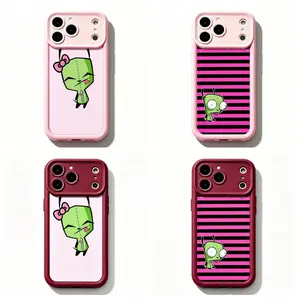 TY-Y2K Cartoon Invad3r Zim Gir Phone Case,Pink & Black Striped Y2K Aesthetic Protective Cover For iPhone 11 12 MINI 13 MINI 14 15 16 17 Air Pro Max for Samsung S26 S25 S24 S23 S22 S21 Case,Gift for her/him/fans