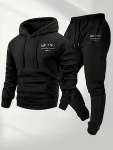 Men'S MILANO Letter Print Hoodie and Drawstring Sweatpants Set 100% Polyester Fabric Essential Style for Autumn and Winter Suitable for Outdoor Activities - Daily Outdoor Wear Perfect for Outdoor