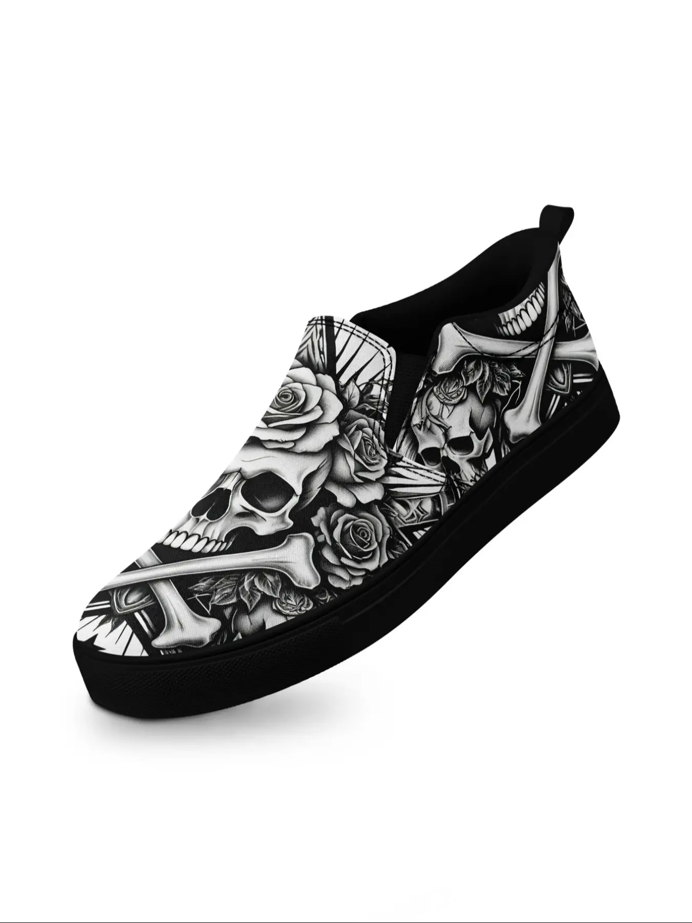 Men's Gothic Slip-On Loafers Casual Sneakers for All Seasons, Lightweight Breathable Walking Shoes with Skull and Floral Print, Fashion Street Style Trainers in Plus Size Footwear, Fashionable Loafers