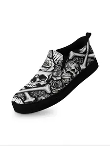 Men's Gothic Slip-On Casual Sneakers for All Seasons, Lightweight Breathable Walking Shoes with Skull and Floral Print, Fashion Street Style Trainers in Plus Size Footwear