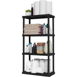 4-Shelf Light Duty Plastic Storage Shelves, 200lb Capacity, 48" H x 24" W x 12" D, Medium Modular Shelving Unit Storage Organizer for Bathroom, Laundry, Garage & Home, Storage Rack - Black