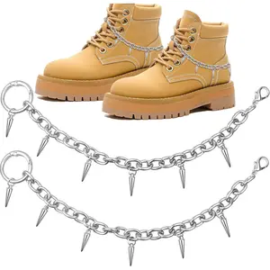 2pcs Silver Punk Boots Chain Rivet Cone Spike Charms Alloy Shoe Charm Sandals Boot Strap Chains with Spring O Ring Lobster Clasps for Women DIY Sneakers Casual Shoes Decoration Gifts