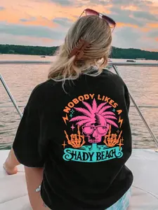 Women's Skull & Letter Graphic Drop Shoulder Tee, Fashion Casual Streetwear Palm Tree Graphic Crew Neck T-shirt for Daily Holiday Vacation Outdoor Wear, Graphic Tees, Ladies Clothes for All Seasons