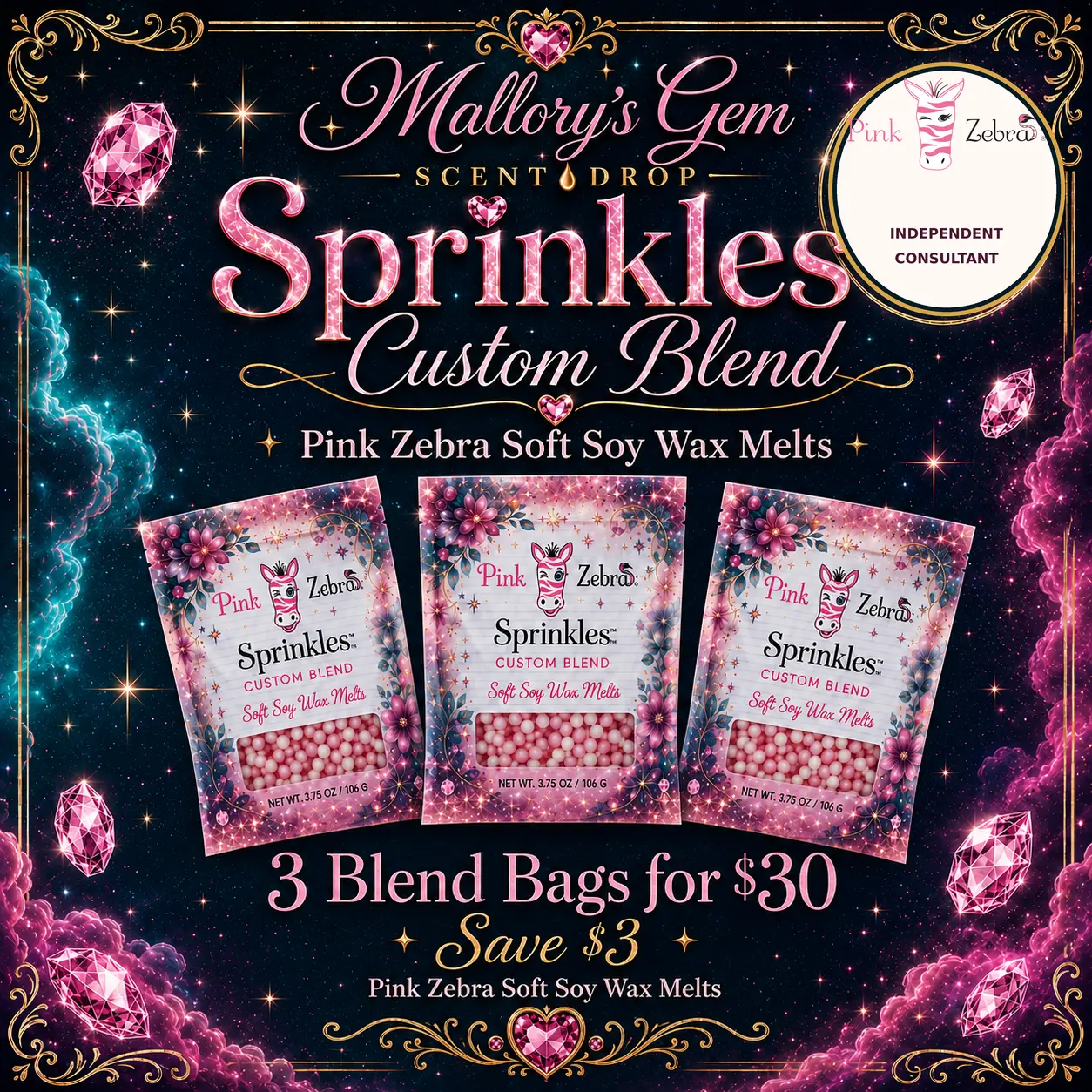 Pink Zebra Fragranced Wax Melts - 3 for $30 - Scented, Blendable or Solid, Smokeless Home Fragrance with Pouch Pack
