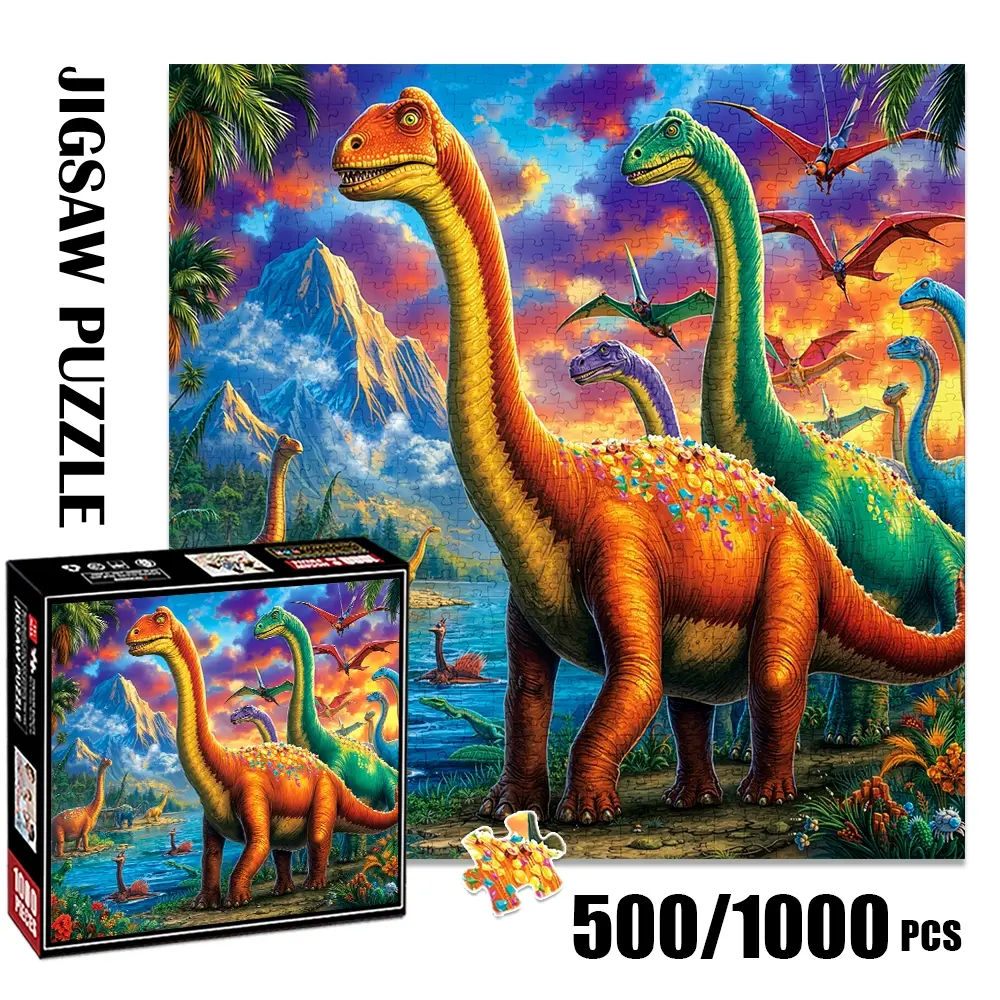 1pc 1000 piece adult puzzle 58x58cm Colorful Dinosaurs in Prehistoric Landscape with Pterosaurs 500 pieces paper jigsaw puzzle suitable for DIY creative games for adults and families, birthday and hol
