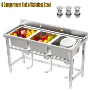 3 Compartment Sink of Stainless Steel,Freestanding Commercial Utility Basin with 14" L x 14" W x 10" D Bowl,Heavy Duty Utility Sink for Bar, Industrial,Food Trucks (51" Triple Bowls)