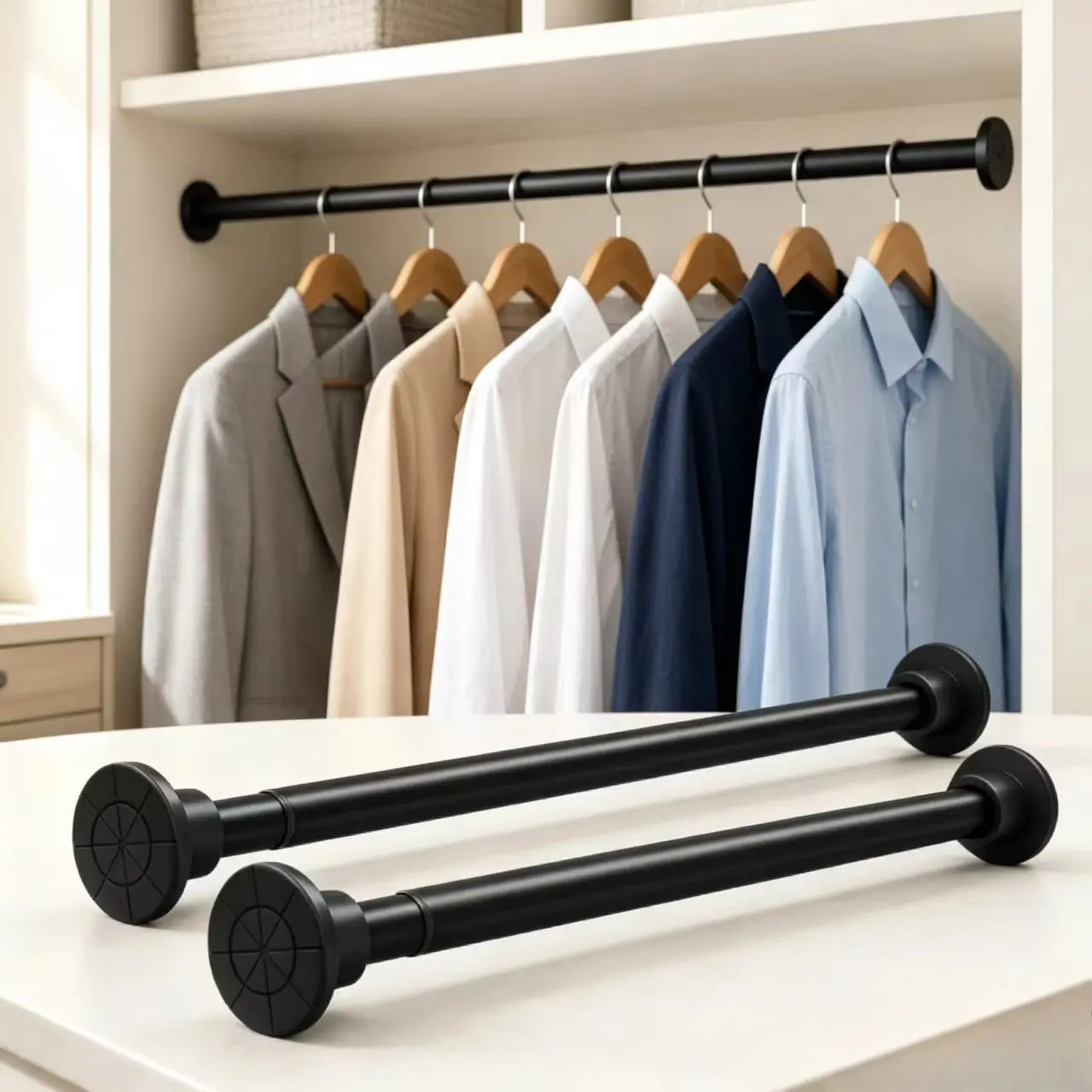 Black No-Drill Tension Shower Curtain Rod, Adjustable Spring Anti-Slip Wall Mount (110-200cm/43.31-78.74in), No-Damage Installation for Bathroom, Closet