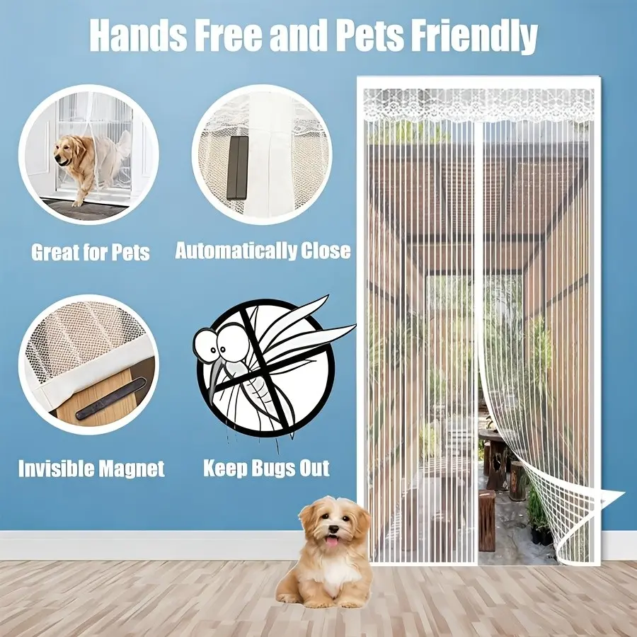 Magnetic Mosquito Screen Door, Lace Design & Storage Strap, Easy Install, Pet Friendly, Ventilation, Living Room, Balcony, Porch Use, Magnetic Closure Door, Magnetic Doors