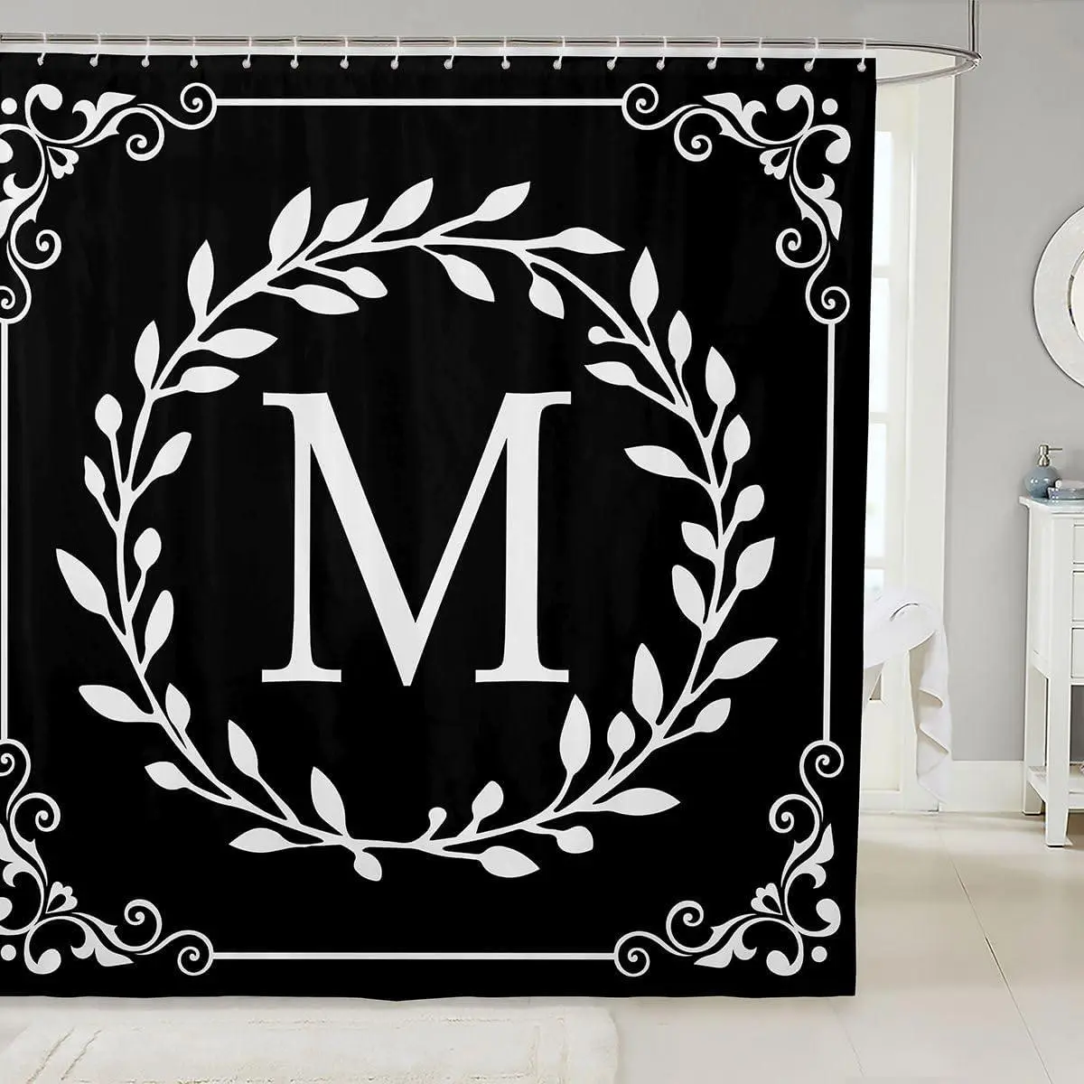 Monogram Letter M Shower Curtain Black And White Bathroom Shower Curtain Sets Boho Damask Floral Botanical Flower Waterproof Bathroom Curtains Personalized Gifts Adult Women