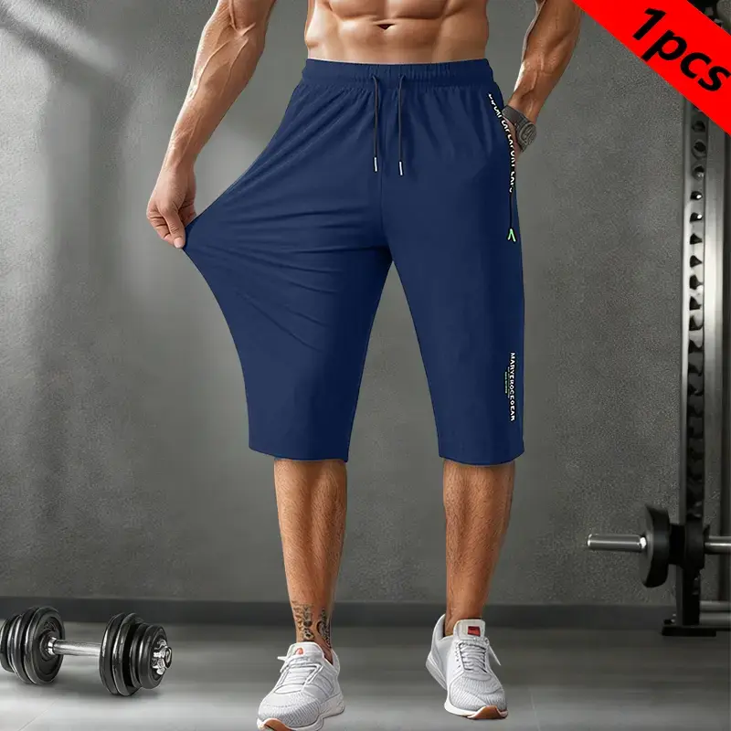 Men’s lightweight ice silk 3/4 pants featuring zippered pockets and a tie waistband; breathable, quick-drying casual pants suitable for sports and running; ideal for outdoor activities, home leisure, and fitness training; also makes an excellent gift item