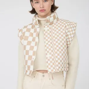 Neutral Checkered Print Crop Puffer Vest - Stylish Quilted Design for Everyday Wear