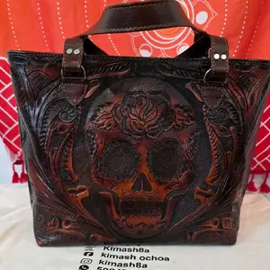 La Llorona Purse with Intricate Skull Design and Floral Accents Brown Leather Handbag for Women