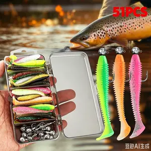 Threaded T-Tail Soft Bait Set – Lure fishing bait set with snag-resistant design, includes jig heads, treble hooks, and Carolina rig components; ideal for freshwater lure fishing for bass, black bass, and other species