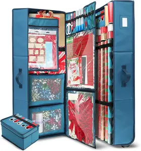 Wrapping Paper Storage Container with Ribbon Dispenser and Interior Pockets - Large Christmas Storage Containers with Wheels, Fits 30 Rolls of 40" Length, Blue