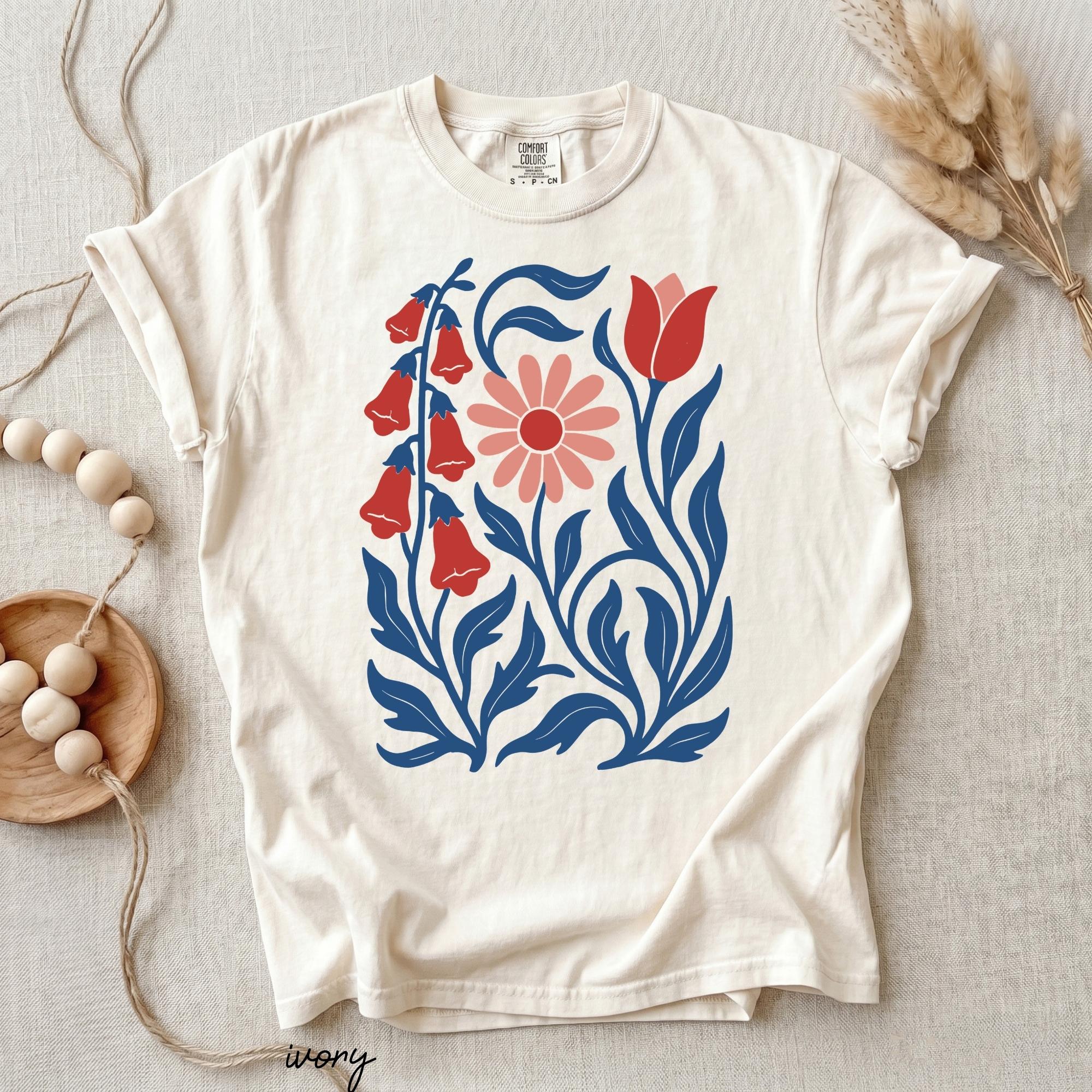 Comfort Colors Retro Flower Graphic Tee, Folk Art Botanical T-Shirt, Cottagecore Wildflower Shirt, Garden Lover Gift