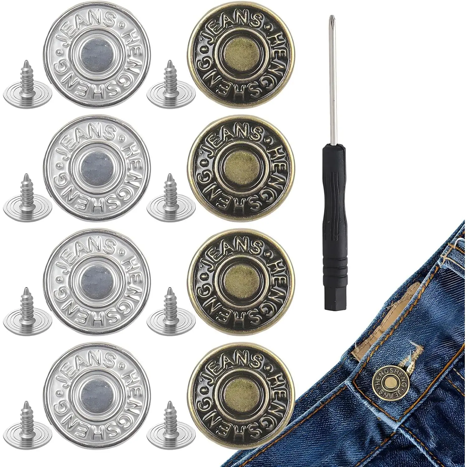 8 Sets Jean Buttons,Jean Button ,17mm  and Adjustable Metal Buttons for Loose Jeans, No Tools and No-Sew  Tightener, DIY Pants Button Pins