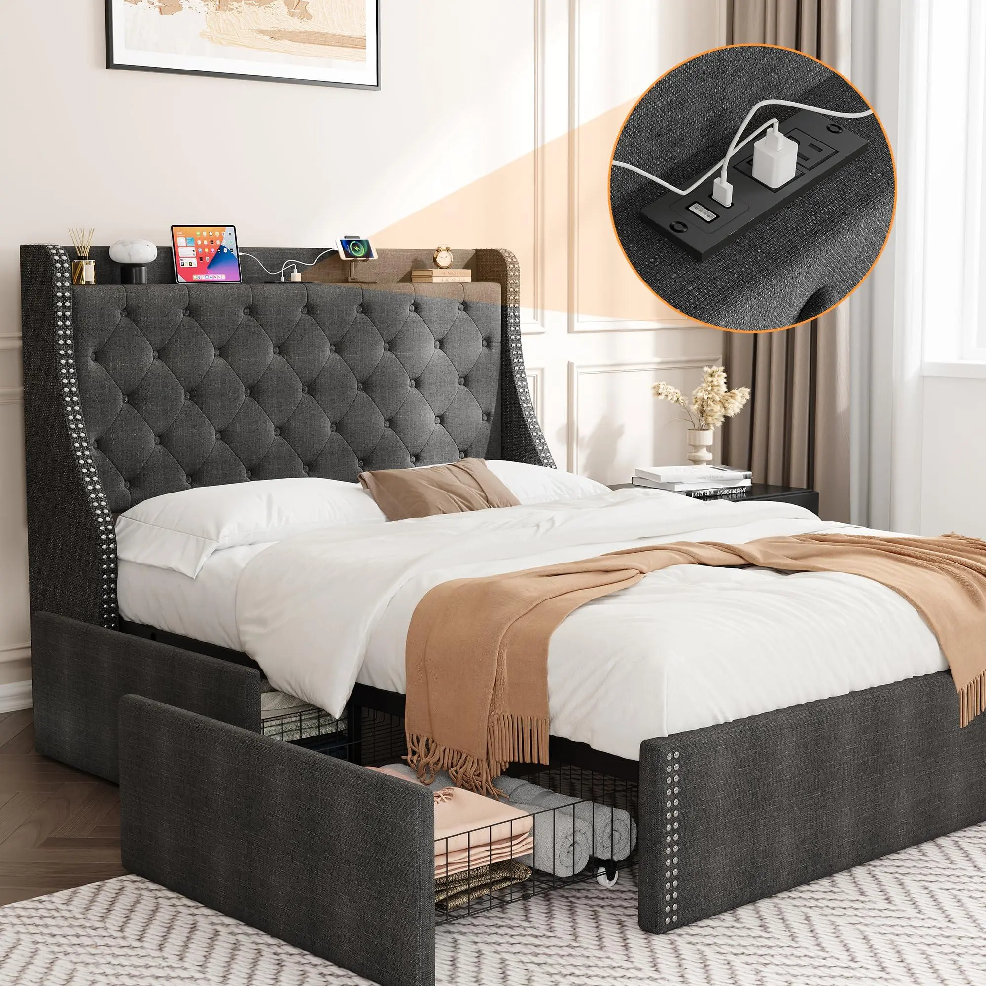 Queen Storage Bed Frame with Under Bed Storage - 4 Built-in Drawers, Wingback Diamond Tufted Upholstered Headboard, Built-in Charging Ports, Sturdy Steel Platform, No Box Spring Needed, Grey; All-Terrain Automatic Rewind PE Rattan Lightweight Wheelchair