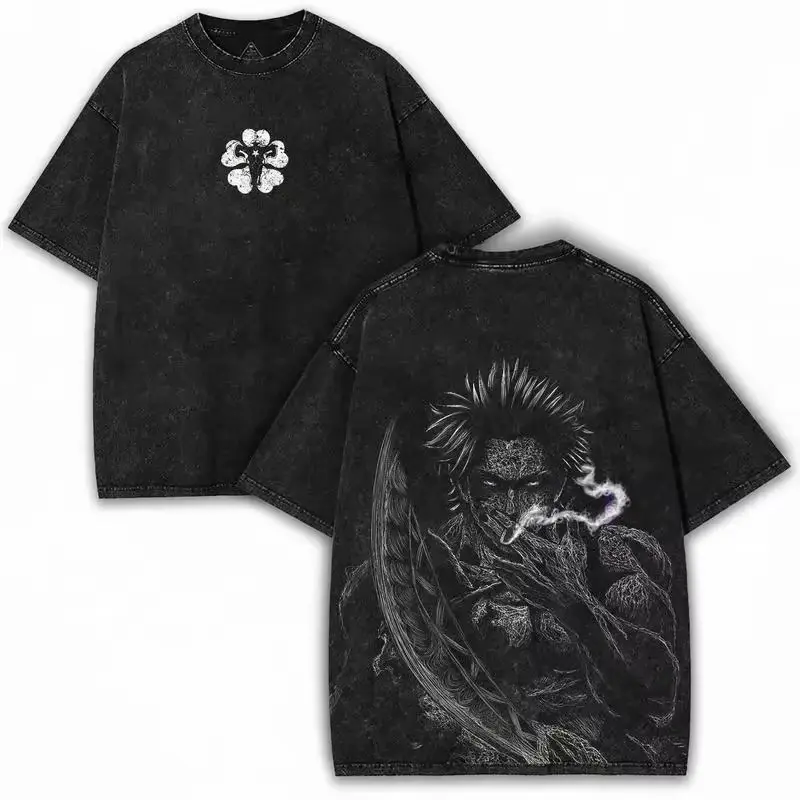 Men's Black Clover Yami Sukehiro Printed Round Neck T-Shirt, Casual Distressed Washed Cotton Festive Valentine Menswear, Short Sleeve Plus Size Streetwear Tee