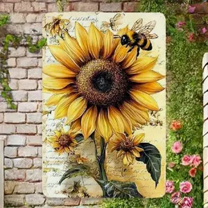 Aluminum Vintage Sunflower Bee Wall Decor Plaque for Kitchen Cafe Bar Retro Farmhouse Art Home Decor