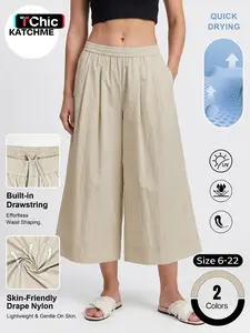 Women's Versatile Mid-Rise Inner Drawstring Cropped Flowy Wide Leg Trousers, Loose Lightweight Nylon UV-Protective Skirt Pants, Street Style Water-Resistant Breathable Bottom