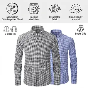 【2PCS】Men's plaid shirt; casual daily breathable long-sleeved stretch button-down collar men's coat. camisas  mangalarga  para  hombres