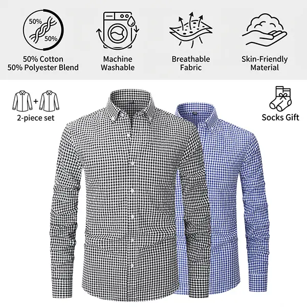 【2PCS】Men's plaid shirt; casual daily breathable long-sleeved stretch button-down collar men's coat. camisas mangalarga para hombres Gingham Checked