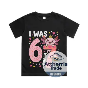 Axolotl Girl 7th Bday 6 7 Birthday I was 6 Now I'm 7 Cotton T-shirt, Graphic Print Round Neck Short Sleeve Casual Tee for Boys Girls