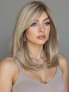 Fashionable New Shoulder Length Straight Blonde Synthetic Machine Made Wigs With Bangs for Women, Suitable for Ordinary Work, Life, Dance Parties and All Occasions, Synthetic Hair Wig