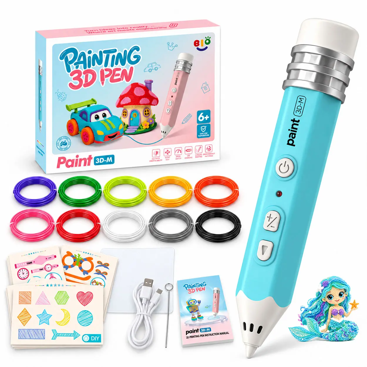 Kids' 3D Printing Pen Creative Kit - Safe Low-Temp Cool-Touch 3D Drawing Pen, 50m PCL Filament (10 Rolls), Stencil Book, USB, Easy-to-Use STEM Toy for Stem Fun, Enhances Spatial Thinking, Birthday Gifts for Ages 6+ Girls