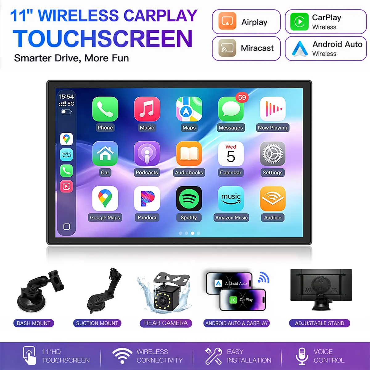Yurnlv 11" Wireless CarPlay & Android Auto Screen for car with 1080P Rear Cam, Touchscreen Apple Car Play Screen, with Voice Control/GPS Navigation/Mirror Link/Bluetooth/AUX/FM