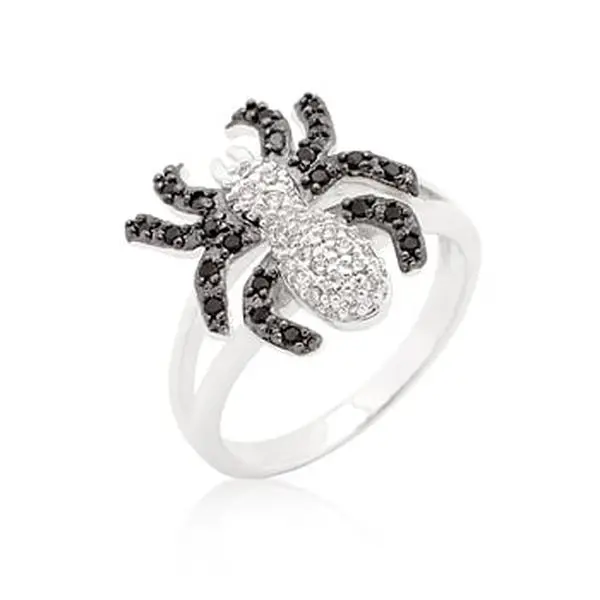 Genuine Rhodium Plated Spider Ring with Jet Black and Clear Cubic Zirconia in Pave Setting in Silvertone - Size 8