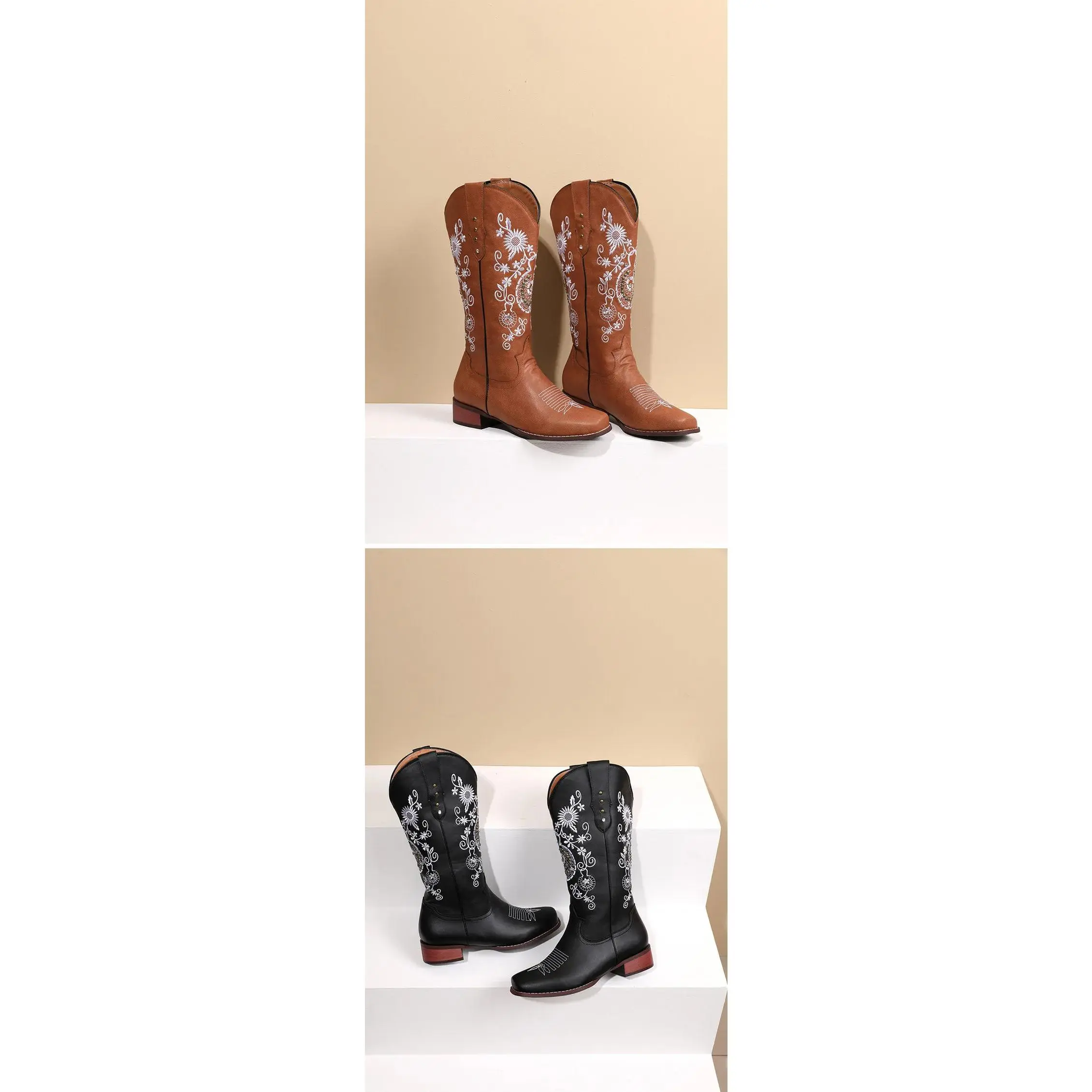 Flower Embroidery Bohemian Cowgirl Boots