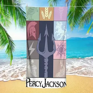 1 Percy Jackson Camp Half-Blood and the Age of the Olympian Gods Theme Beach Towel, made of quick-drying, soft microfiber material, an essential accessory for travel, beach, swimming, camping, and seaside fashion, a microfiber beach towel accessory