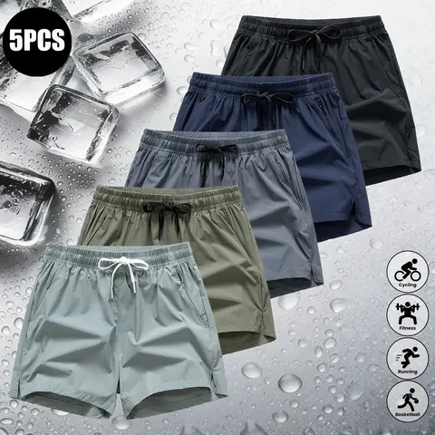 Men’s 1/3/5-Pack 5-Inch Above-the-Knee Active Shorts - Elastic Drawstring, Quick-Dry, Lightweight, Breathable, Solid-Colour, Zip Pockets, Elastic Waist for Summer Outdoor Fitness, Casual Use