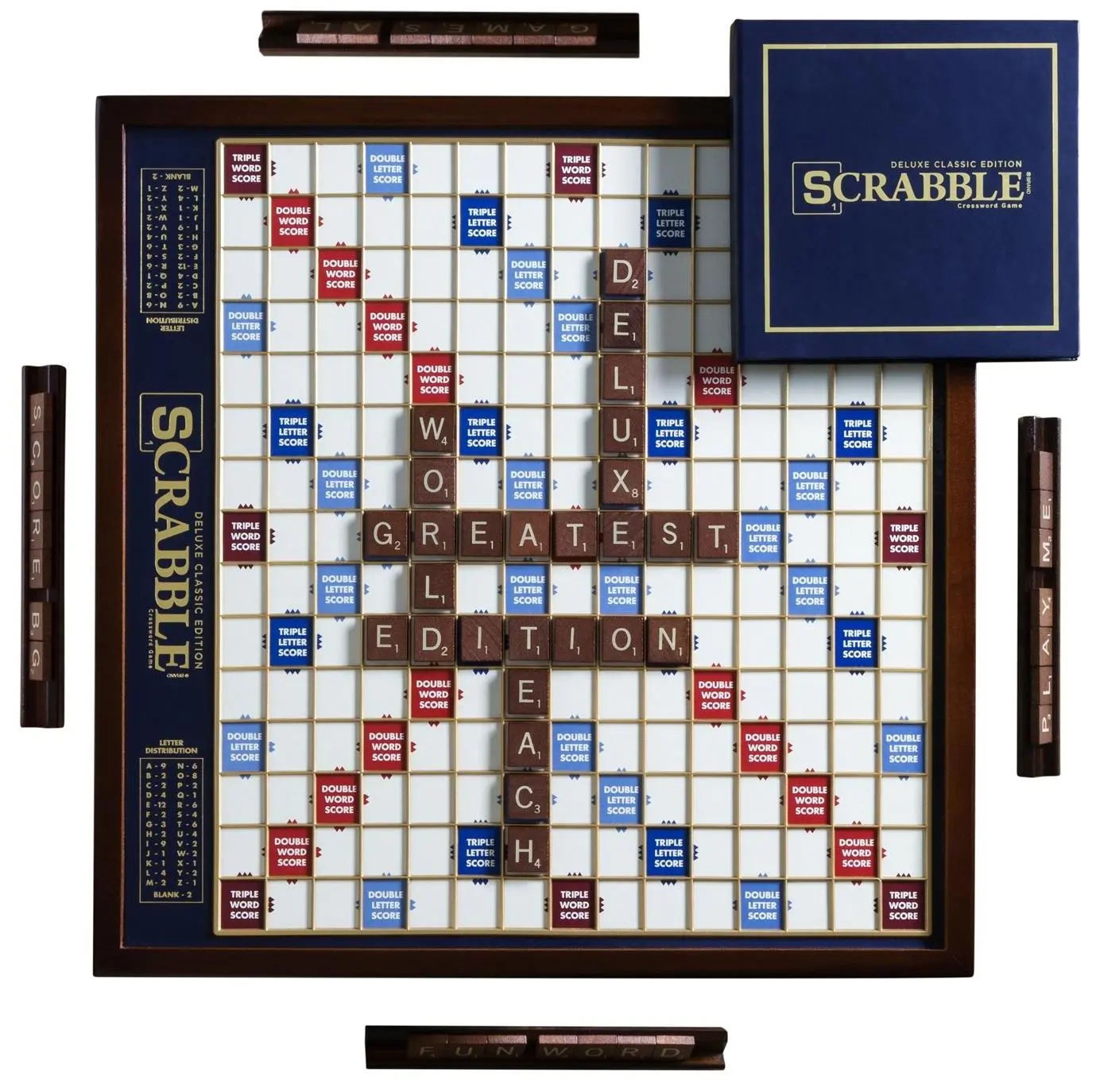 WS Game Company Scrabble Deluxe Edition with Rotating Game Board for 2 to 4 Players, Ages 8+