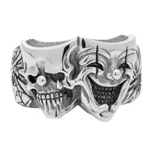 Double-Sided Clown Mask Ring for Men Trendy Personality Gothic Style Index Finger Ring Vintage Imitation Thai Silver Open Ring Copper Electroplated Artistic Retro