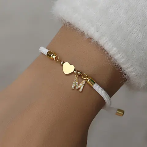 Initial Heart Charm Letter Link Bracelet, Fashion All-match Jewelry for Women, Retro Adjustable Rope Bracelet for Daily Use, Heart Shape Adjustable